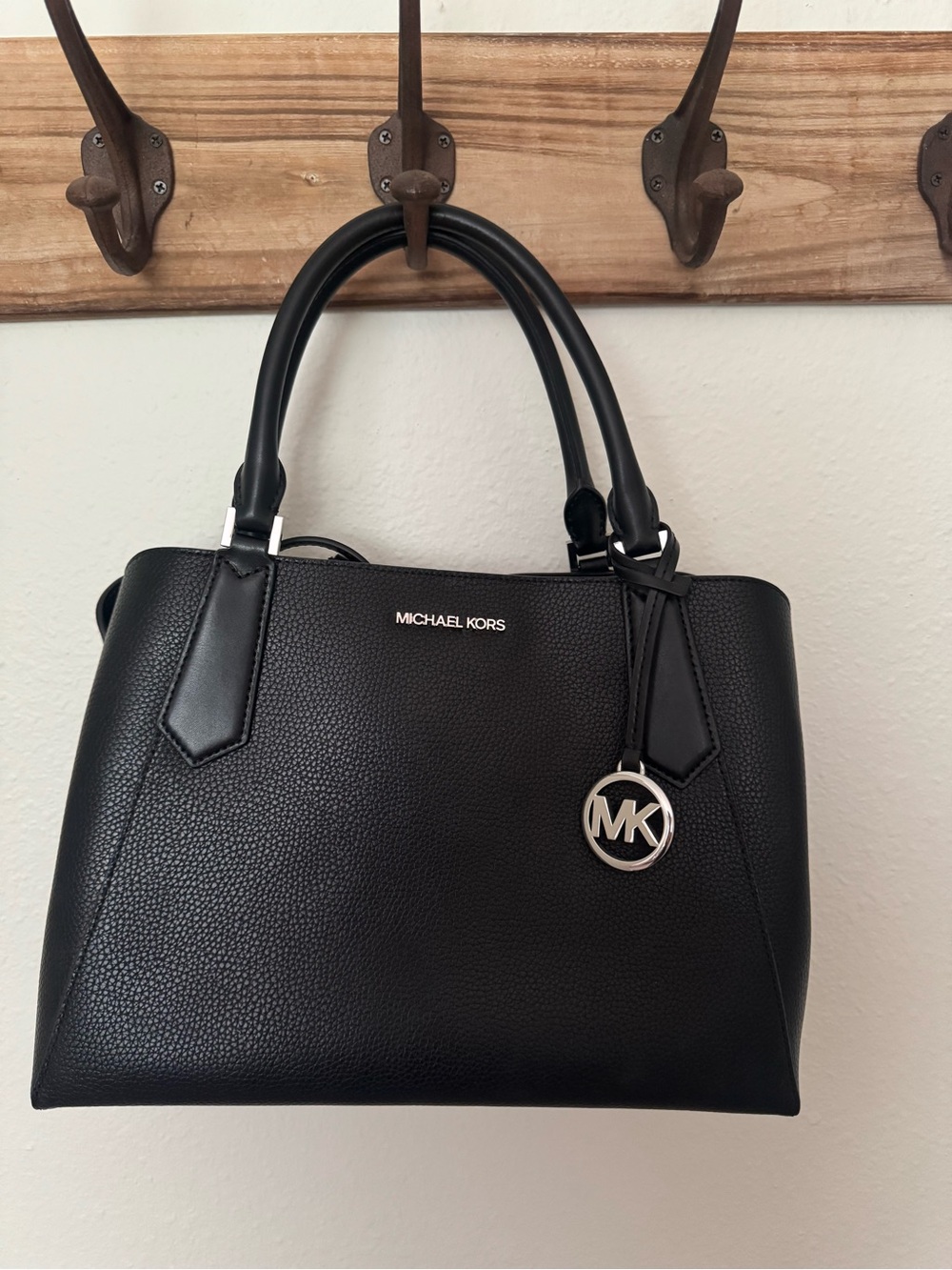 Michael Kors Black Pebbled Leather Satchel with Silver MK Charm